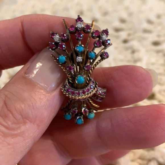 Vintage Earrings Rubies Diamonds & Turquoise - Picture 5 of 7